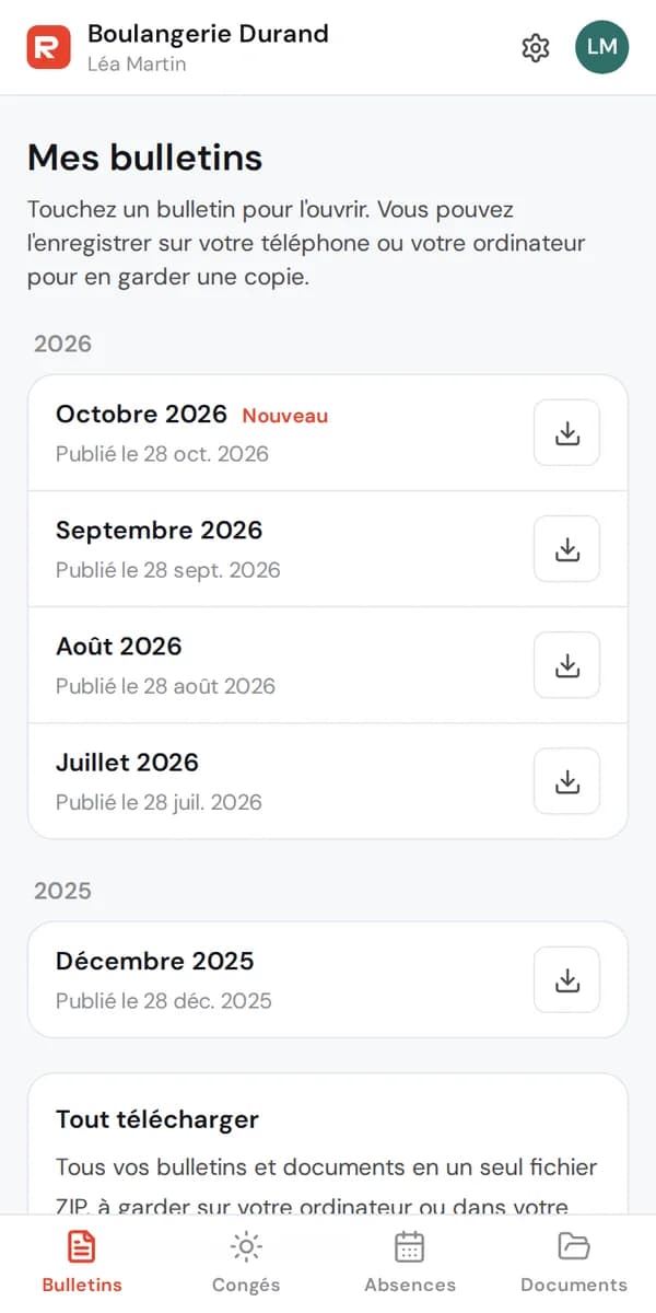 Liste des bulletins de salaire dans l’espace salarié RH Pilot, sur téléphone