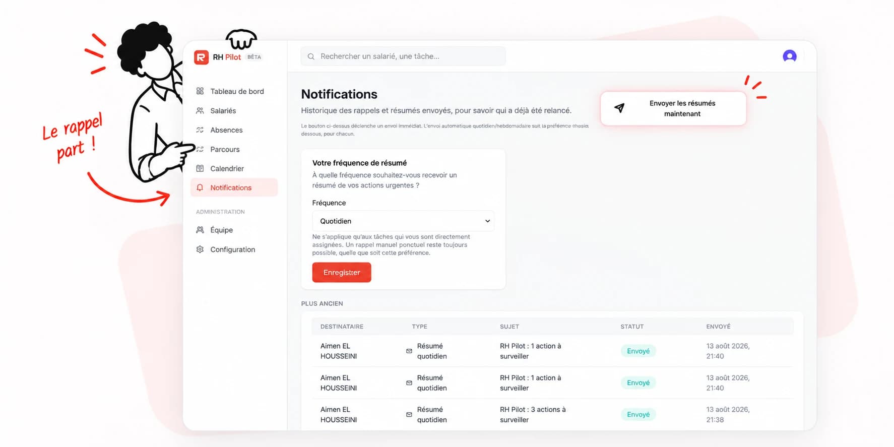 Réglage des résumés et historique des rappels envoyés dans RH Pilot