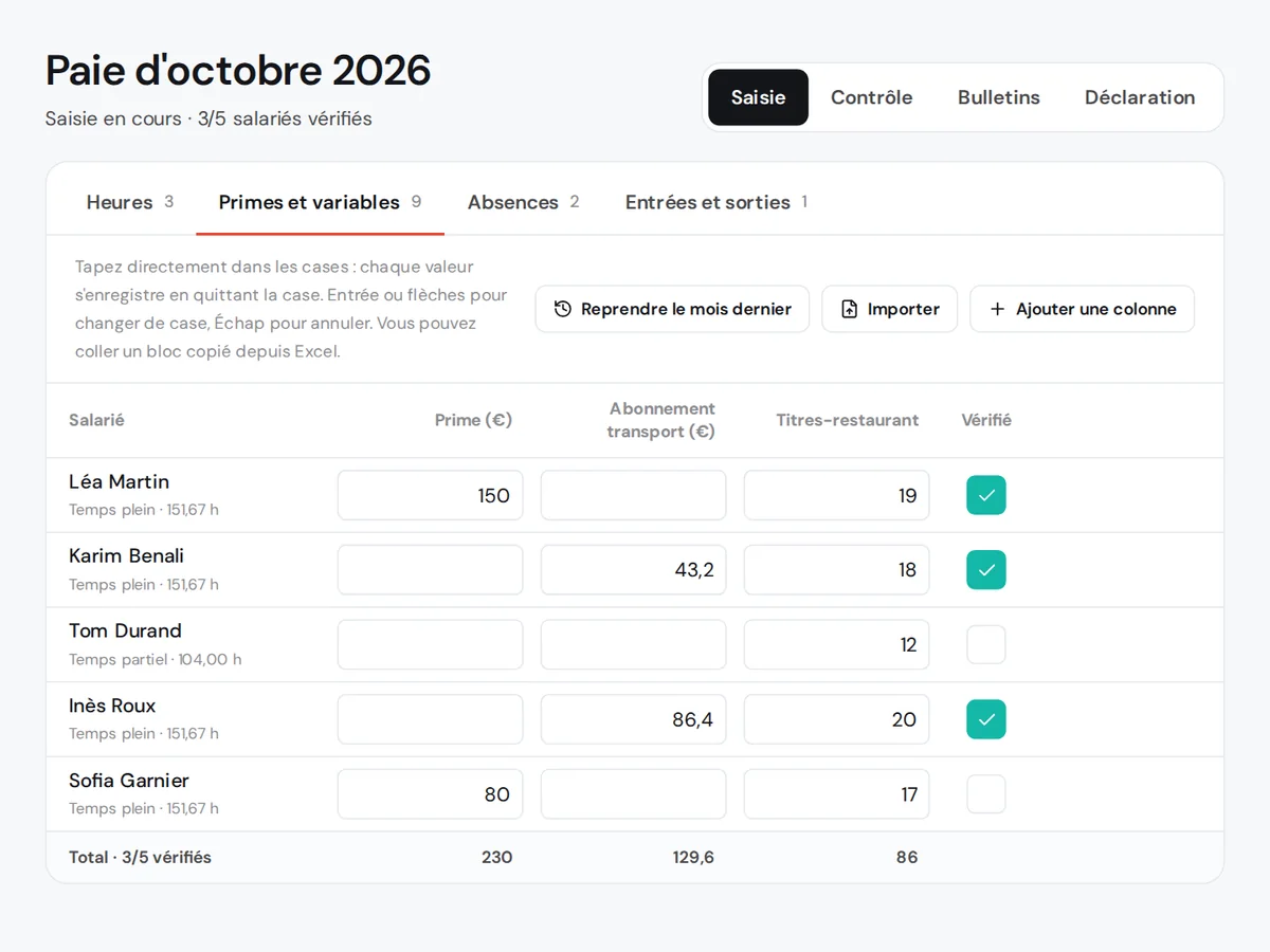 Tableau de saisie des primes et variables du mois dans la paie RH Pilot