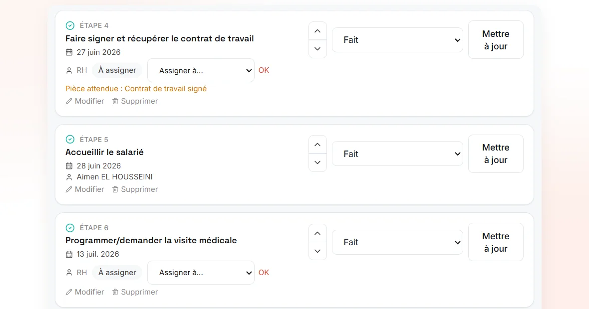 Étapes d’un parcours d’embauche dans RH Pilot, avec dates, responsables et pièces attendues
