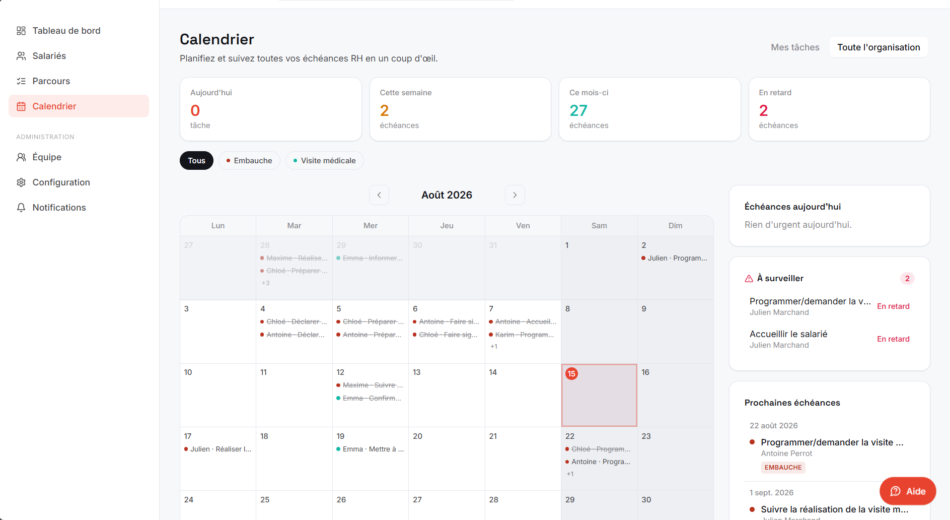 Vue calendrier de toutes les échéances RH