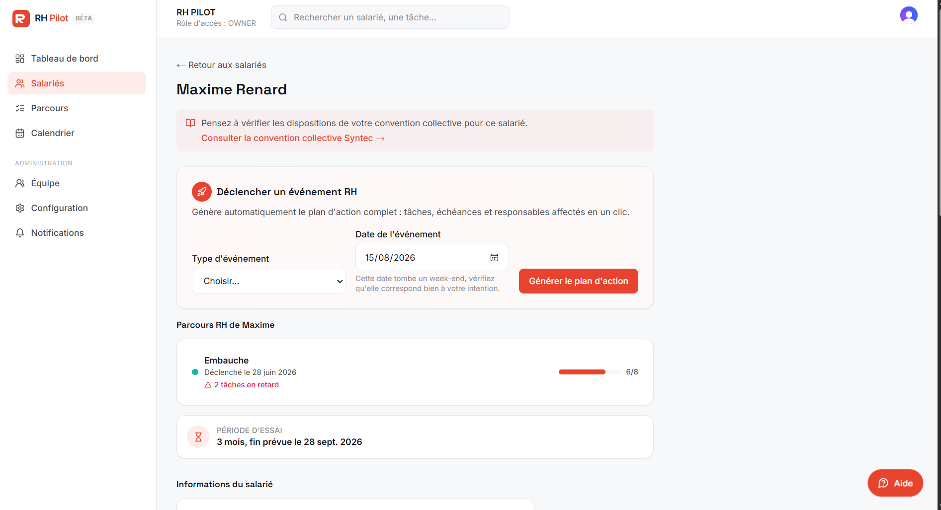Fiche du salarié Maxime Renard avec son parcours d'embauche