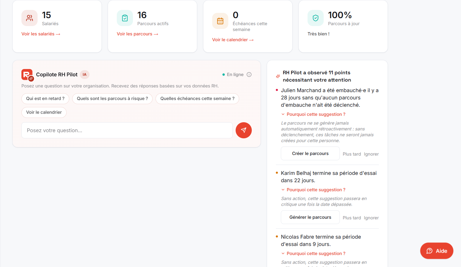 Panneau de suggestions proactives de RH Pilot