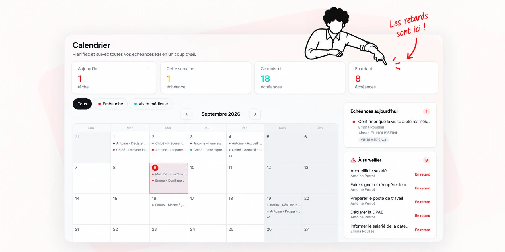 Calendrier RH Pilot avec les échéances et retards à surveiller